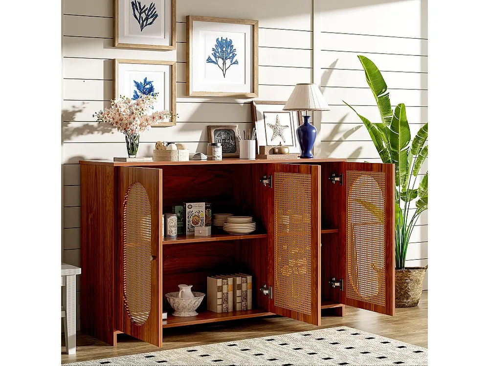 Aparador 3 portas em rattan com prateleiras reguláveis - em MDF - Castanho