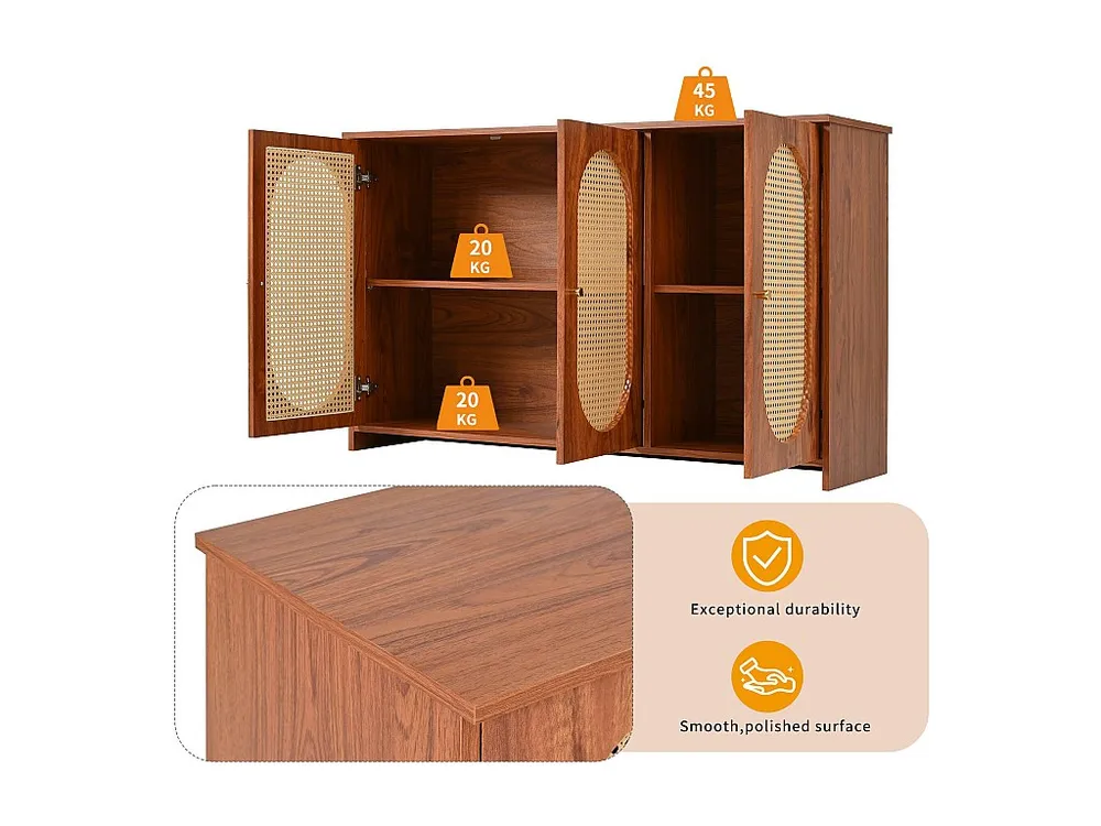 Aparador 3 portas em rattan com prateleiras reguláveis - em MDF - Castanho
