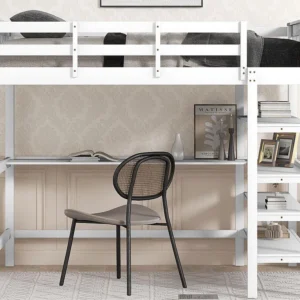 Cama mezanino 140 x 200 cm - mesa + prateleiras de armazenamento - pinho e MDF - branco