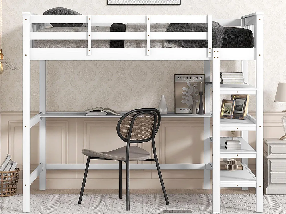 Cama mezanino 140 x 200 cm - mesa + prateleiras de armazenamento - pinho e MDF - branco