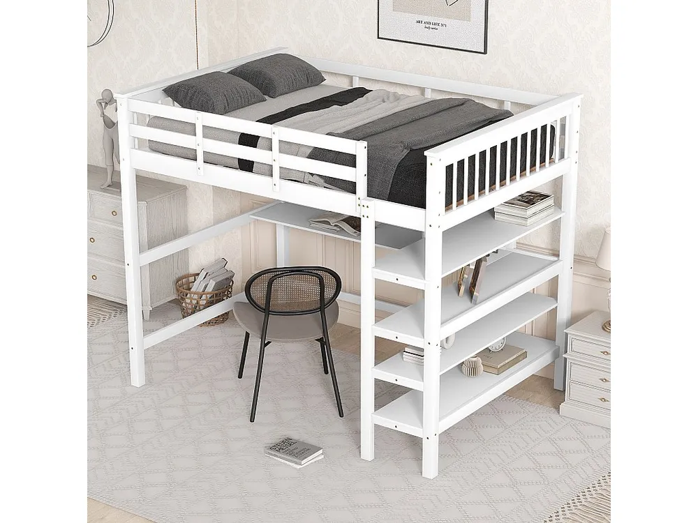 Cama mezanino 140 x 200 cm - mesa + prateleiras de armazenamento - pinho e MDF - branco