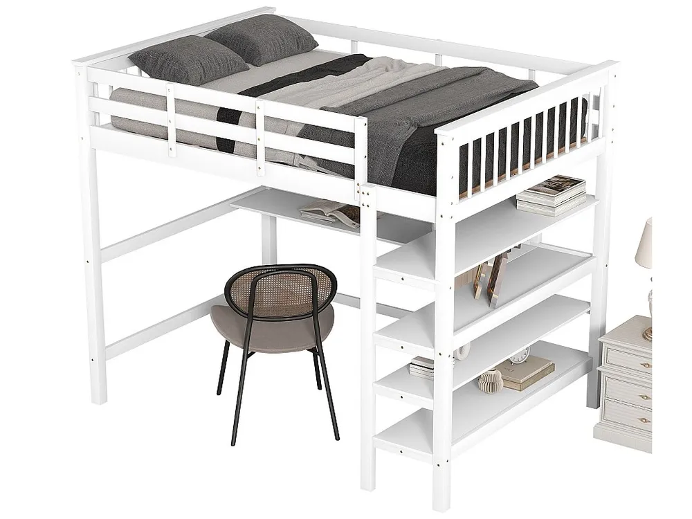 Cama mezanino 140 x 200 cm - mesa + prateleiras de armazenamento - pinho e MDF - branco