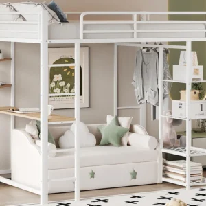 Cama mezanino metálica 90x200cm - com mesa e prateleiras - Branco