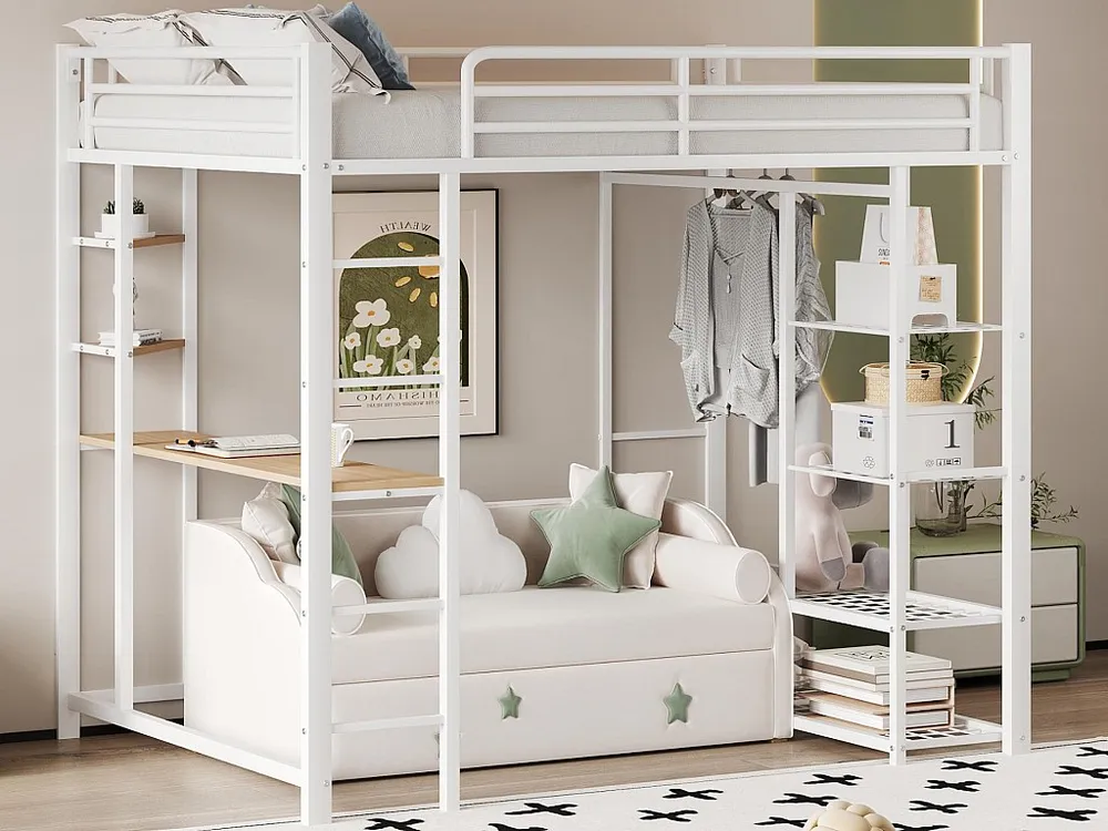 Cama mezanino metálica 90x200cm - com mesa e prateleiras - Branco