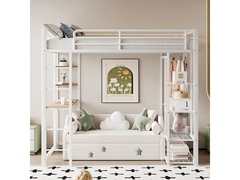 Cama mezanino metálica 90x200cm - com mesa e prateleiras - Branco