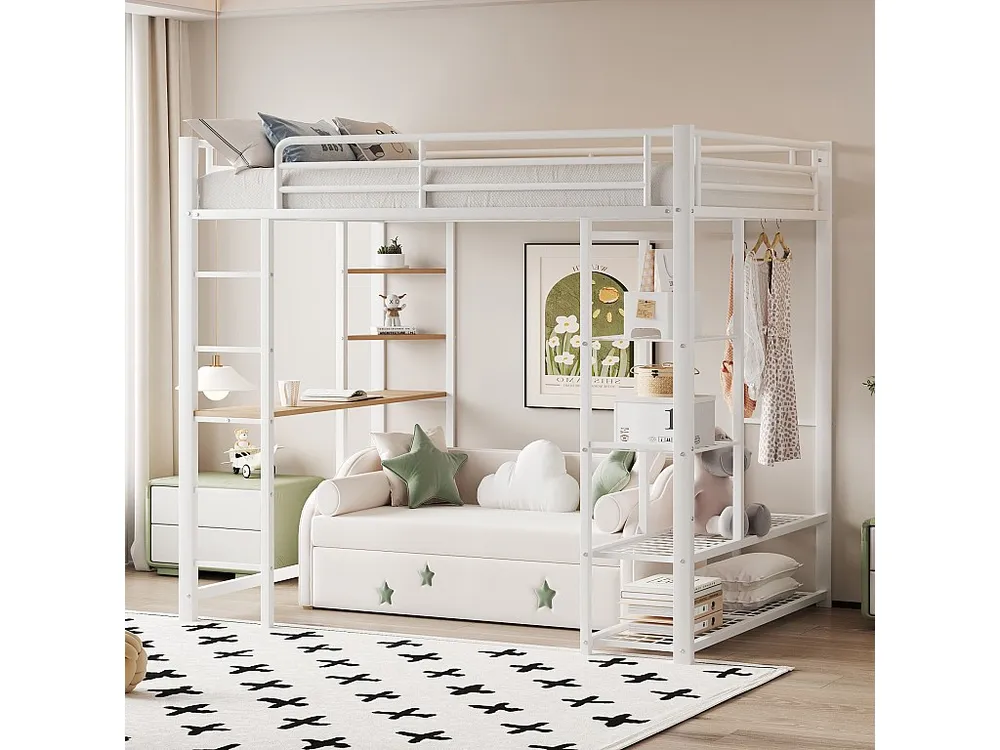 Cama mezanino metálica 90x200cm - com mesa e prateleiras - Branco