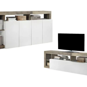 Conjunto aparador e móvel de TV - Lacado branco e carvalho - SEFRO