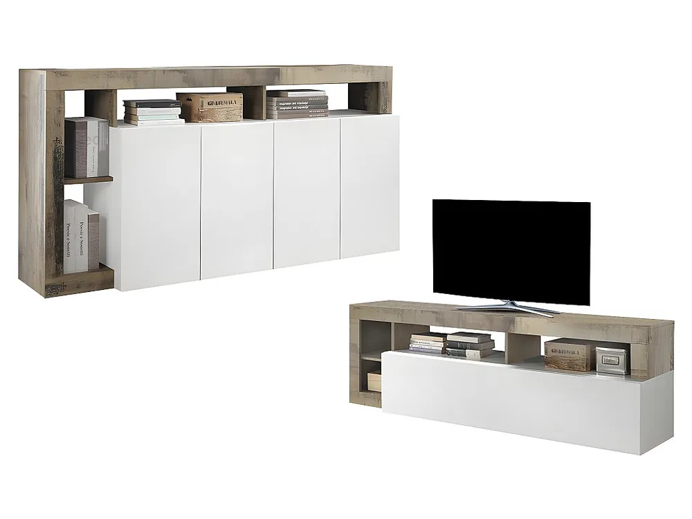 Conjunto aparador e móvel de TV - Lacado branco e carvalho - SEFRO