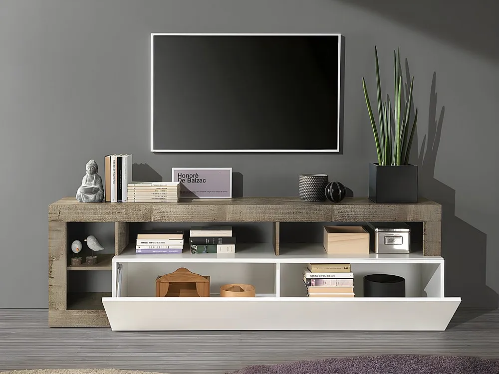 Conjunto aparador e móvel de TV - Lacado branco e carvalho - SEFRO