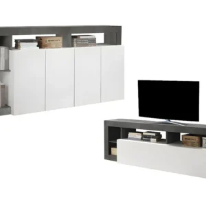 Conjunto aparador e móvel de TV - Lacado branco e cinza cimento - SEFRO