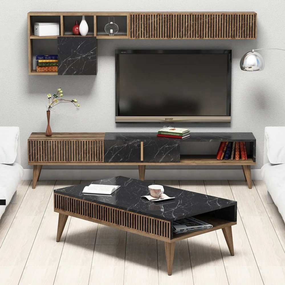 Conjunto de móveis de TV, mesa de centro e prateleira de parede design Ribera Madeira escura e Efeito mármore Preto