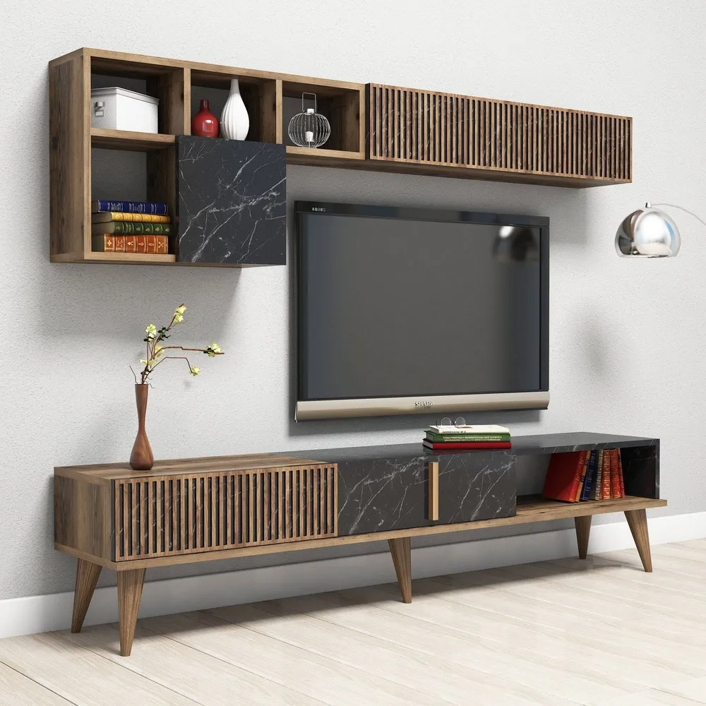 Conjunto de móveis de TV, mesa de centro e prateleira de parede design Ribera Madeira escura e Efeito mármore Preto
