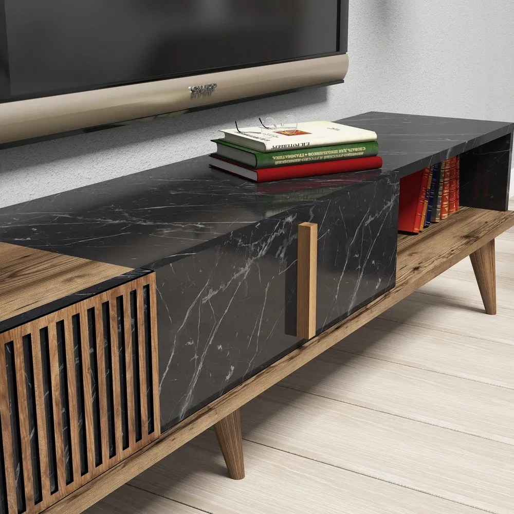 Conjunto de móveis de TV, mesa de centro e prateleira de parede design Ribera Madeira escura e Efeito mármore Preto
