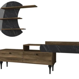 Conjunto de móveis para TV e estante Callisto Madeira e Efeito Mármore Preto
