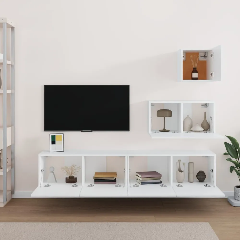 Conjunto móveis de TV 4 pcs madeira processada branco 3 Lugares