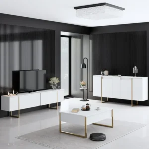 Conjunto de móveis de sala de estar Sibylle de 3 peças em Metálico Dourado e Madeira Branca