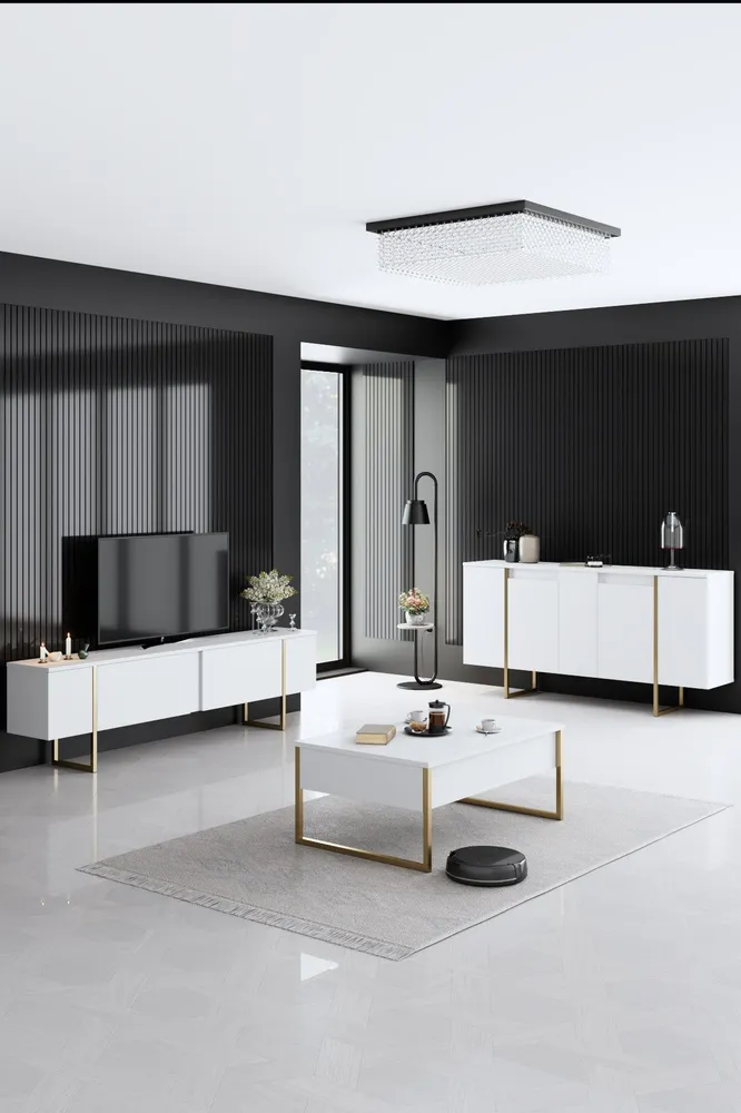 Conjunto de móveis de sala de estar Sibylle de 3 peças em Metálico Dourado e Madeira Branca