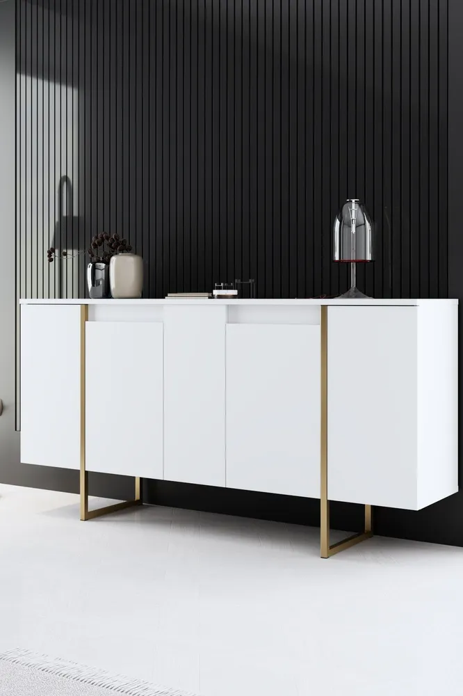 Conjunto de móveis de sala de estar Sibylle de 3 peças em Metálico Dourado e Madeira Branca