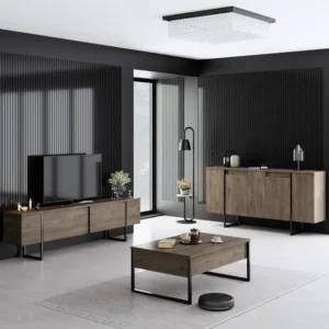 Conjunto de móveis de sala Sibylle 3 peças Metálico Preto e Madeira escura