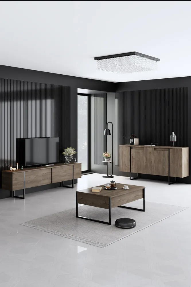 Conjunto de móveis de sala Sibylle 3 peças Metálico Preto e Madeira escura