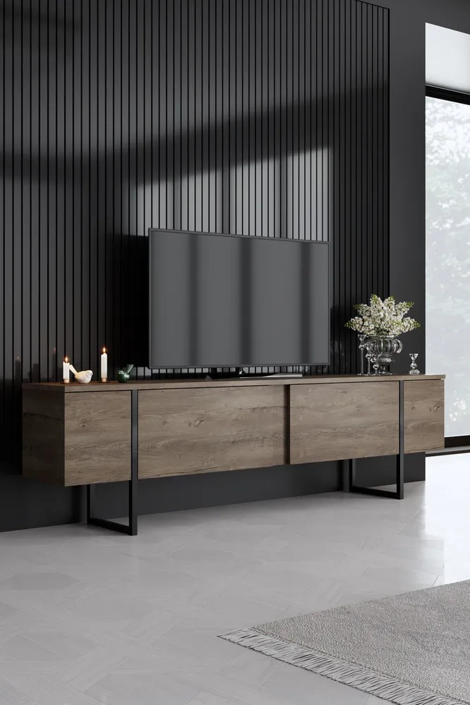 Conjunto de móveis de sala Sibylle 3 peças Metálico Preto e Madeira escura