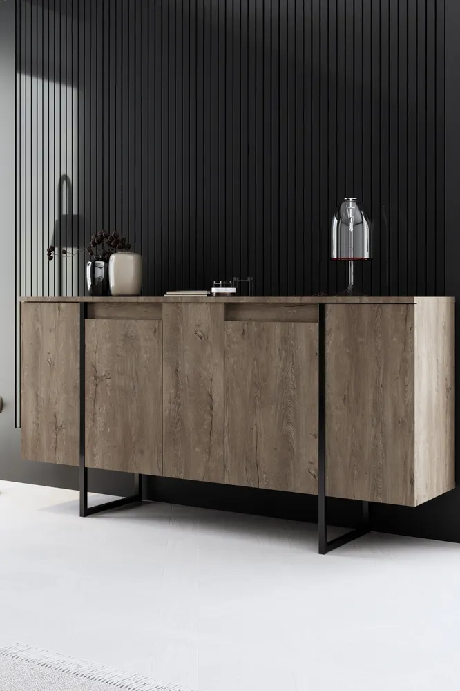 Conjunto de móveis de sala Sibylle 3 peças Metálico Preto e Madeira escura