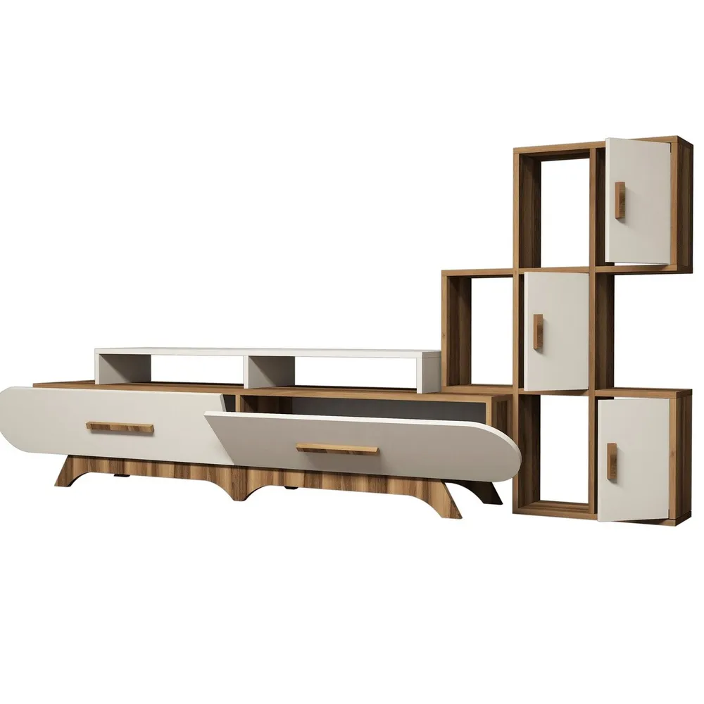 Conjunto de móvel de TV e prateleira de parede Ellipsis Madeira e Branco creme