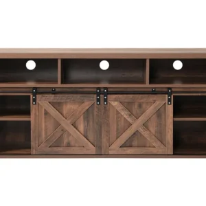 Móvel TV 150 cm - 2 portas de correr, 2 gavetas e 3 prateleiras reguláveis - LEDs - efeito madeira castanha