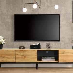 Móvel de TV 175 cm - 3 portas e prateleira de vidro - LEDs - Madeira MDF - cor genuíno