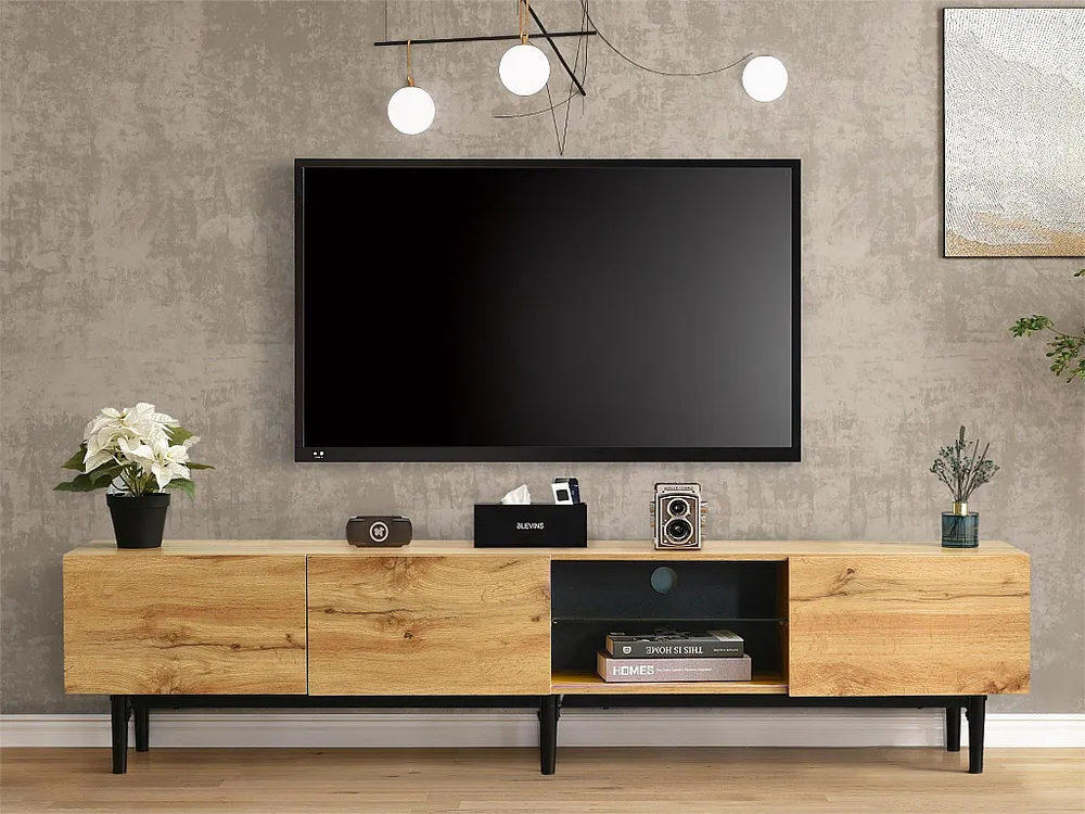 Móvel de TV 175 cm - 3 portas e prateleira de vidro - LEDs - Madeira MDF - cor genuíno