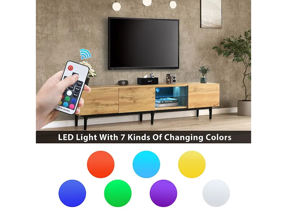 Móvel de TV 175 cm - 3 portas e prateleira de vidro - LEDs - Madeira MDF - cor genuíno