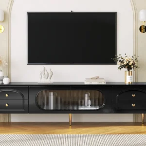 Móvel TV 175 cm - 2 portas de vidro e 4 gavetas - em MDF - Preto