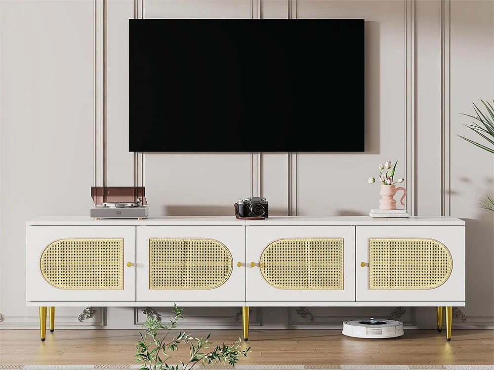 Móvel TV 180 cm - com 4 portas de vime e prateleiras reguláveis - Branco