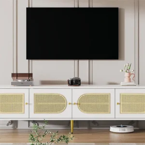 Móvel TV 180 cm - com 4 portas de vime e prateleiras reguláveis - Branco