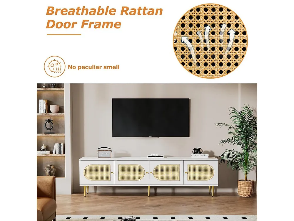 Móvel TV 180 cm - com 4 portas de vime e prateleiras reguláveis - Branco