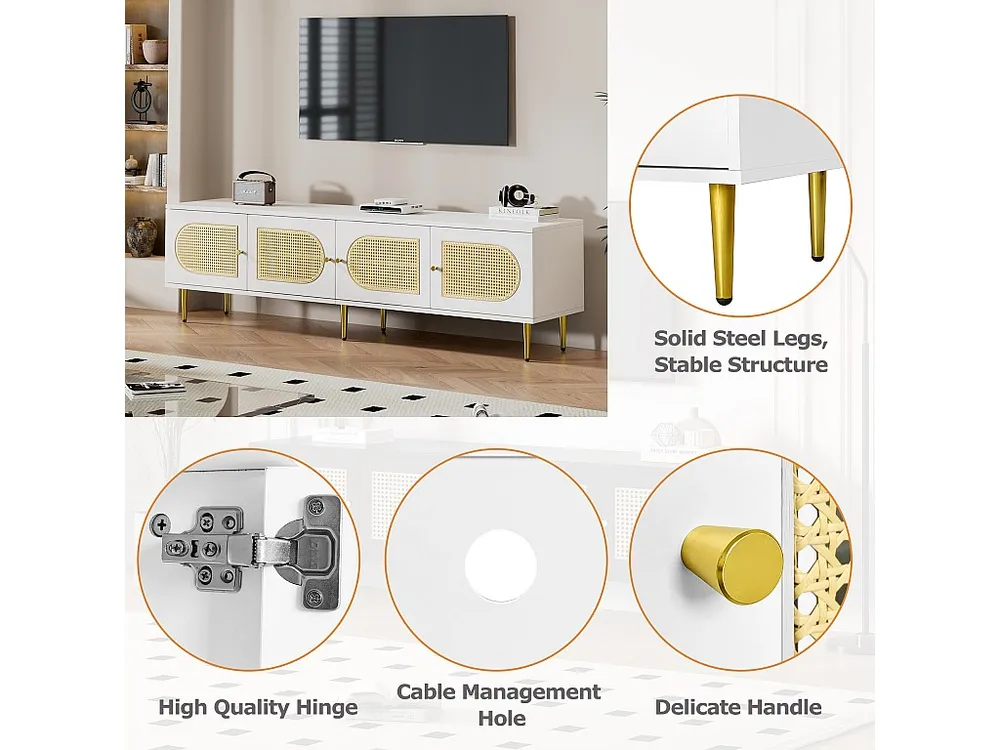 Móvel TV 180 cm - com 4 portas de vime e prateleiras reguláveis - Branco