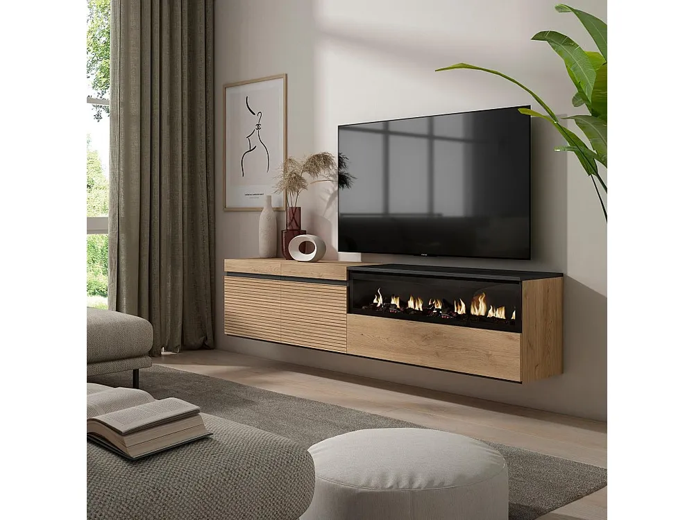 Móvel de TV, 200x45x35cm, Para televisores até 80", Lareira eléctrica, Suspensos, Carvahlo