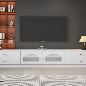 Móvel TV 220 cm - 4 gavetas e 2 portas de vidro - aglomerado - Branco