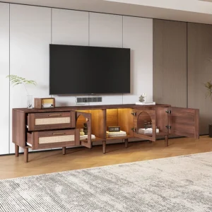 Móvel de TV castanho de 180 cm para televisão de 80" - com 2 gavetas de vime, 2 portas de vidro arqueadas e 1 porta d...