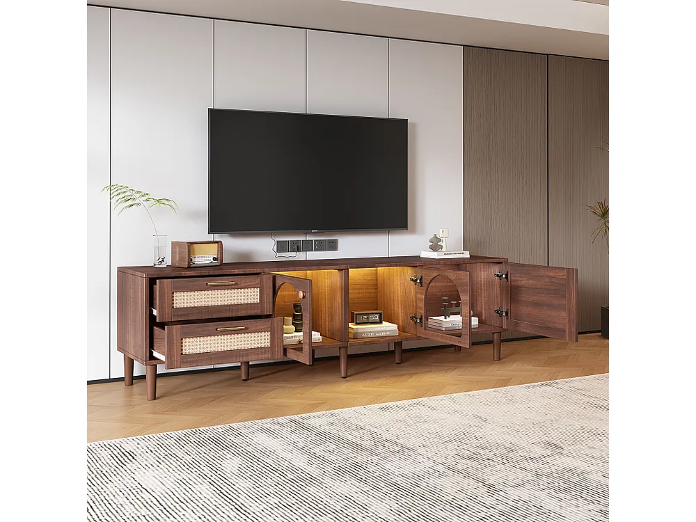 Móvel de TV castanho de 180 cm para televisão de 80" - com 2 gavetas de vime, 2 portas de vidro arqueadas e 1 porta d...