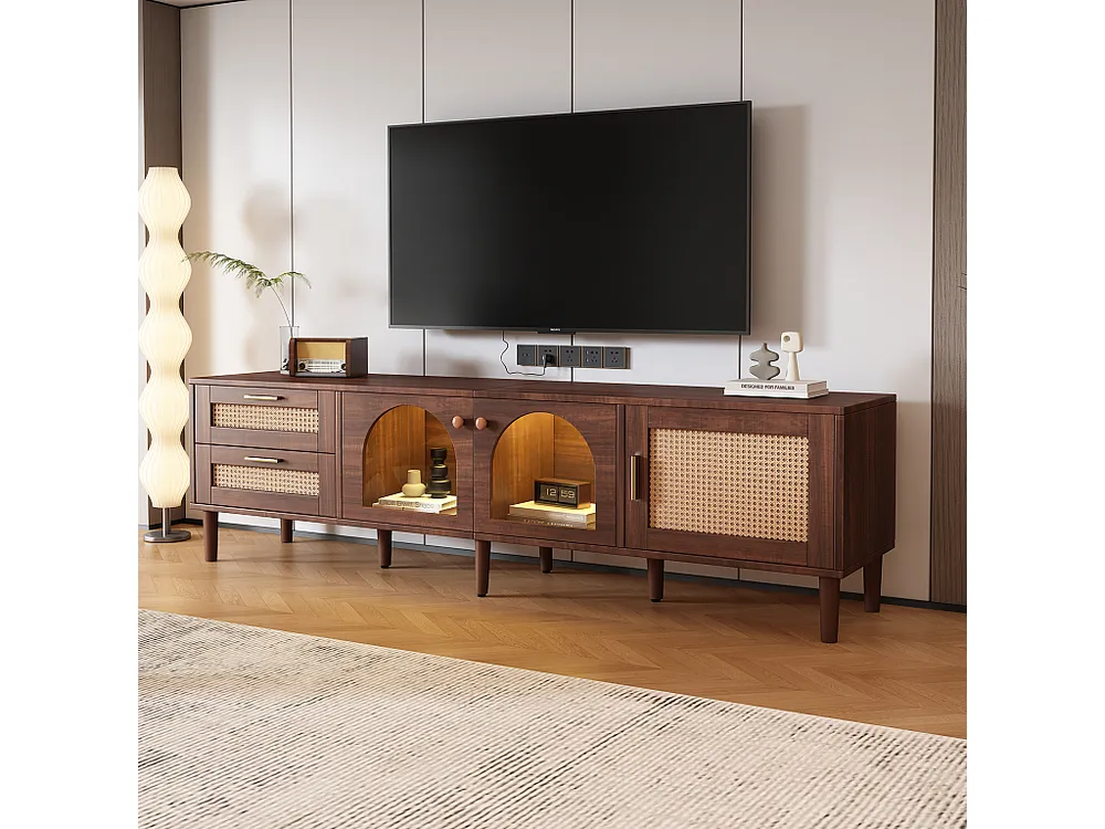 Móvel de TV castanho de 180 cm para televisão de 80" - com 2 gavetas de vime, 2 portas de vidro arqueadas e 1 porta d...
