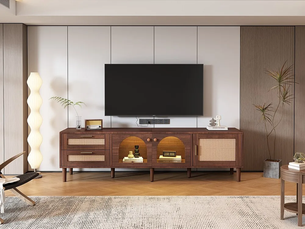 Móvel de TV castanho de 180 cm para televisão de 80" - com 2 gavetas de vime, 2 portas de vidro arqueadas e 1 porta d...
