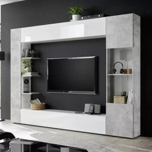 Móvel de TV com arrumações lacado branco e cinza cimento SIRIUS