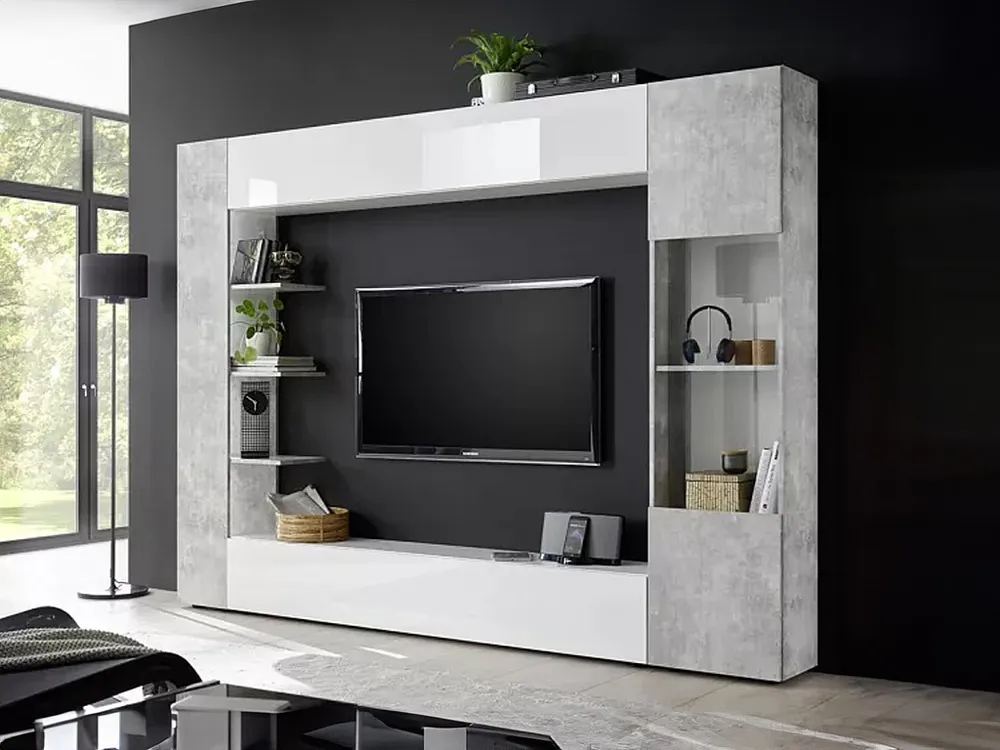 Móvel de TV com arrumações lacado branco e cinza cimento SIRIUS