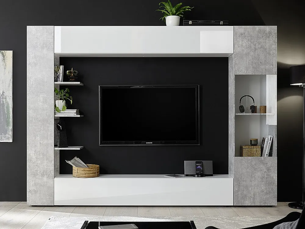 Móvel de TV com arrumações lacado branco e cinza cimento SIRIUS
