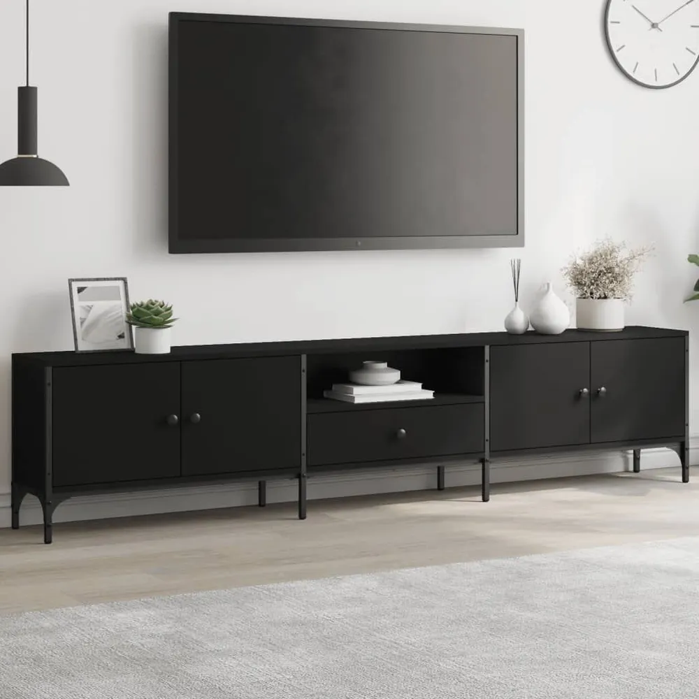 Móvel de TV com gaveta 200x25x44 cm derivados de madeira preto Couro Ecológico