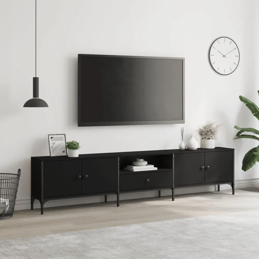 Móvel de TV com gaveta 200x25x44 cm derivados de madeira preto Couro Ecológico
