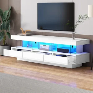 Móvel TV com 3 gavetas e 3 compartimentos - 160 x 38 x 50,5 cm - Divisória de vidro - LEDs - Aglomerado - Branco luminoso
