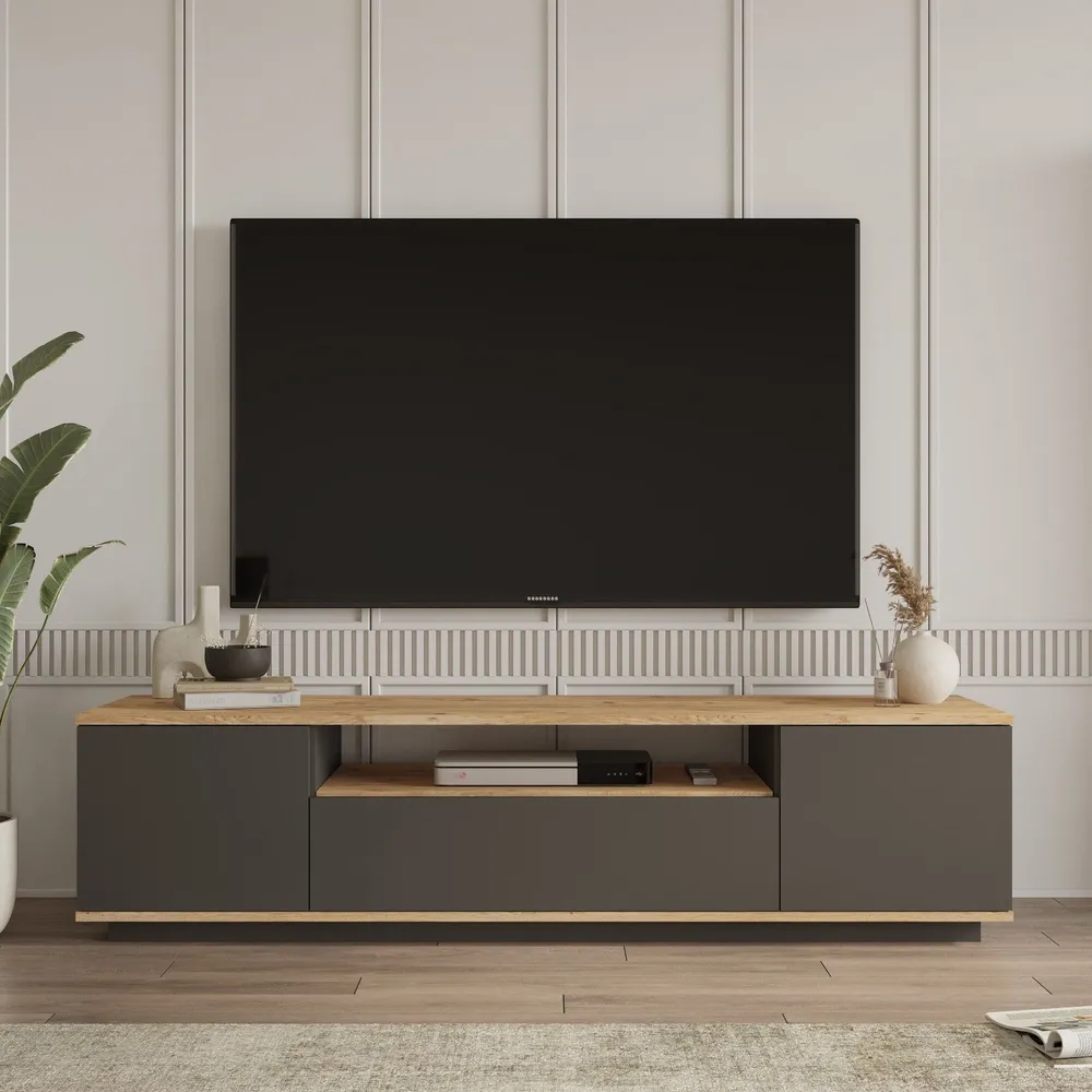 Móvel de TV com 3 portas basculantes L180cm Dani Madeira Genuíno e Antracite