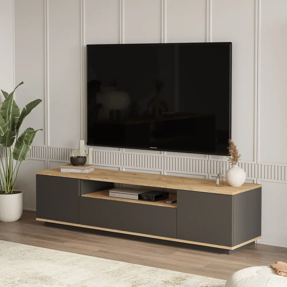 Móvel de TV com 3 portas basculantes L180cm Dani Madeira Genuíno e Antracite